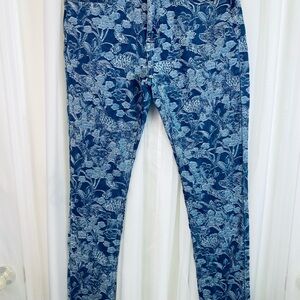 Serenede Men’s Slim Fit Floral Jacquard Jeans Blue White Denim Pants